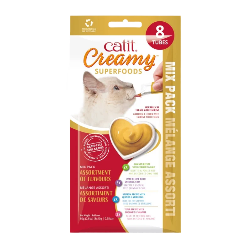 Catit Creamy | Superalimentos Mix Pack – Snack líquido natural para gatos (8 tubos)